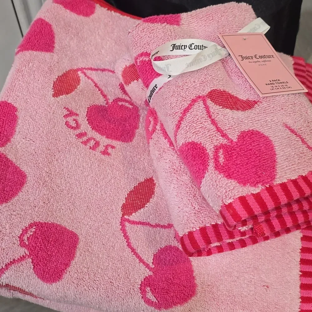 Juicy Couture Home Heart Cherry Bubble Logo Oversized Bath & Hand Towel Set